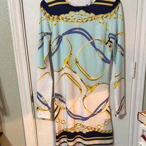 JB by Julie Brown Equestrian Long Sleeve Chain Print Dress - Blue, Yellow, White